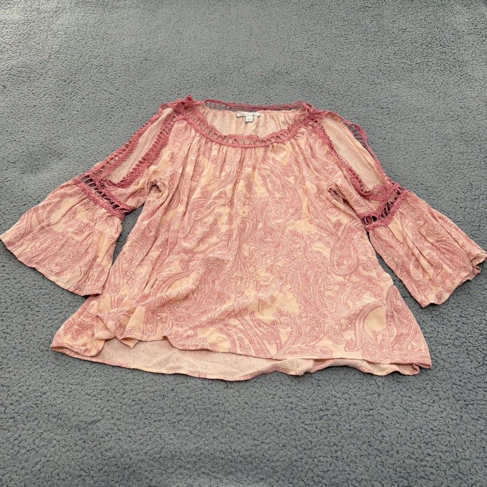 Cato Pink Paisley Cold Shoulder Bell Sleeve Blouse Womens L Boho Peasant Top